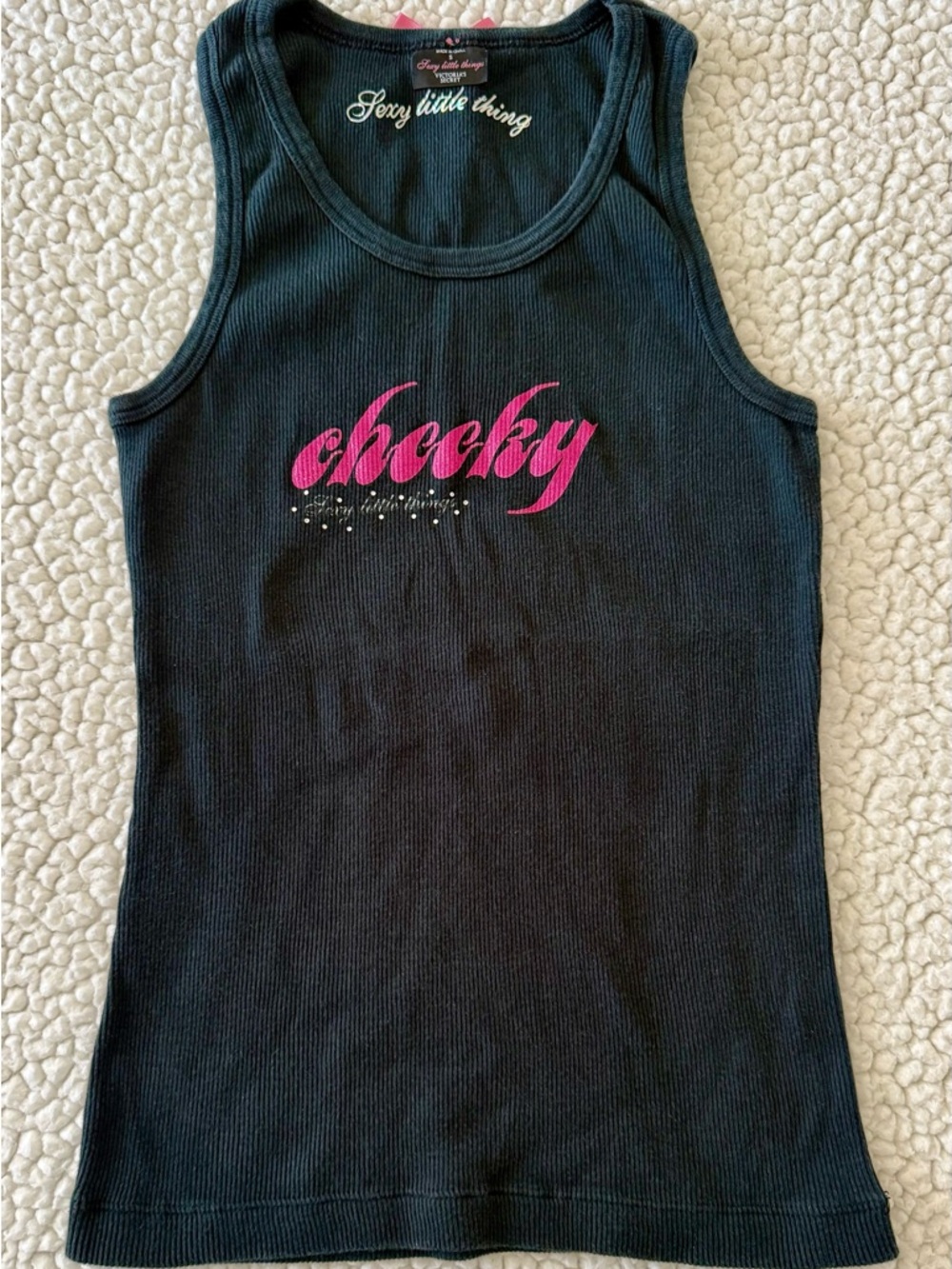Victoria's Secret Black Ribbed Tank with Pink "cheeky" Script
